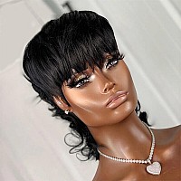 Pangdonglai 10A Mullet Wigs For Black Women Mullet Pixie Cut Wigs For Women Mullet Curly Human Hair Wigs Natural Black Color Glu