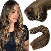 Sew In Hair Extensions Real Human Hair 24 Inch 120G Hand Tied Weft Hair Extensions Human Hair Weave Bundles Ombre Brown Fading