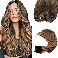 Sew In Hair Extensions Real Human Hair 14 Inch 80G Hand Tied Weft Hair Extensions Human Hair Ombre Medium Brown Balayge Caramel