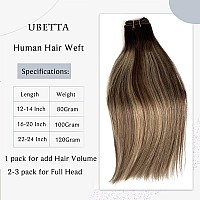 Sew In Hair Extensions Real Human Hair 14 Inch 80G Hand Tied Weft Hair Extensions Human Hair Ombre Medium Brown Balayge Caramel