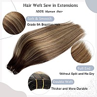 Sew In Hair Extensions Real Human Hair 14 Inch 80G Hand Tied Weft Hair Extensions Human Hair Ombre Medium Brown Balayge Caramel