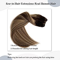 Sew In Hair Extensions Real Human Hair 14 Inch 80G Hand Tied Weft Hair Extensions Human Hair Ombre Medium Brown Balayge Caramel