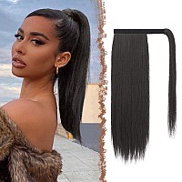 Feshfen Straight Ponytail Extension 18 Inch Natural Long Ponytails Wrap Around Clip In Pony Tail Hair Piece Synthetic Hairpieces