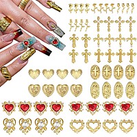 Nail Charms Tembelle Ltd 64Pcs Gold Nail Charms Set With Gold Nail Gems Gold Rose Hearts Gold Cross Nail Charms And Virgin