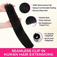 Lashey Seamless Clip In Hair Extensions Human Hair 150G 9Pcs 1 Jet Black Straight 22 Inch Clip In Hair Extensions For Women Hai