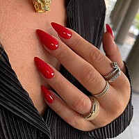 Kqueenest Vivid Red Press On Nails Medium Stiletto Almond Glossy Press On Acrylic Nails Set Solid Color Medium Fake Nails Set Fo