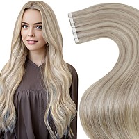 Laavoo Human Hair Tape In Extensions Blonde Hair Extensions Real Human Hair Tape In 100G 40Pcs 18Inch Ash Blonde Highlights With