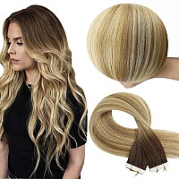 Full Shine Virgin Remy Hair Extensions Tape In 24 Inch Straight Human Hair Virgin Hair Tape In Balayage Dark Brown To Ash Brown