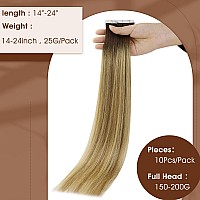 Full Shine Virgin Remy Hair Extensions Tape In 24 Inch Straight Human Hair Virgin Hair Tape In Balayage Dark Brown To Ash Brown