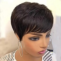 Vck Pixie Cut Wig Human Hair Wigs For Black Women Short Human Hair Wigs With Bangs Pixie Cut Short Straight Black Wigs Full Mach