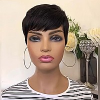 Vck Pixie Cut Wig Human Hair Wigs For Black Women Short Human Hair Wigs With Bangs Pixie Cut Short Straight Black Wigs Full Mach