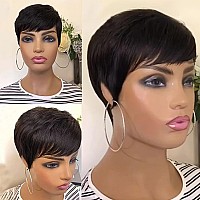 Vck Pixie Cut Wig Human Hair Wigs For Black Women Short Human Hair Wigs With Bangs Pixie Cut Short Straight Black Wigs Full Mach