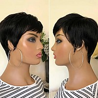 Vck Pixie Cut Wig Human Hair Wigs For Black Women Short Human Hair Wigs With Bangs Pixie Cut Short Straight Black Wigs Full Mach