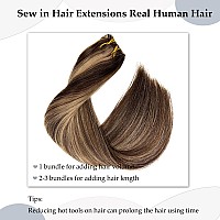 Sew In Hair Extensions Real Human Hair 18 Inch Hand Tied Weft Hair Extensions Human Hair Weave Bundles100G Dark Brown Balayage A