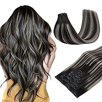 Maxita Clip In Hair Extensions Real Human Hair110G 7Pcs Natural Black Mixed Silver 22 Inchseamless Hair Extensions Clip In Hum