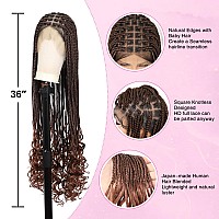 Kalyss Full Double Lace Front Knotless Braided Wigs For Women Box Braided Wig With Curly Ends Human Hair Blended Long Brown Brai