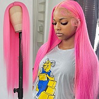 Aubree Pink Synthetic Lace Front Wigs Hot Pink Long Straight Wig Pastel Pink Pre Plucked Natural Looking Heat Resistant Fiber Wi