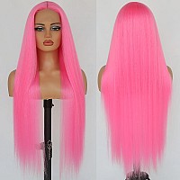 Aubree Pink Synthetic Lace Front Wigs Hot Pink Long Straight Wig Pastel Pink Pre Plucked Natural Looking Heat Resistant Fiber Wi