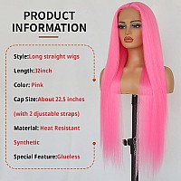 Aubree Pink Synthetic Lace Front Wigs Hot Pink Long Straight Wig Pastel Pink Pre Plucked Natural Looking Heat Resistant Fiber Wi