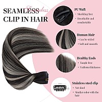 Maxita Clip In Hair Extensions Real Human Hair110G 7Pcs Natural Black Mixed Silver 16 Inchseamless Hair Extensions Clip In Hum