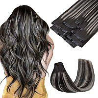 Maxita Clip In Hair Extensions Real Human Hair130G 7Pcs Natural Black Mixed Silver 18 Inch Seamless Clip In Extensions Natural