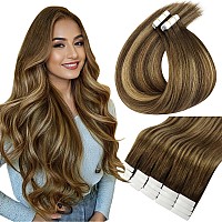 Full Shine Invisible Tape In Human Hair Extensions 22 Inch Tape In Real Silky Hair Extensions Balayage Medium Brown To Blonde An