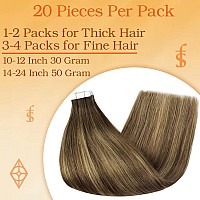 Full Shine Invisible Tape In Human Hair Extensions 22 Inch Tape In Real Silky Hair Extensions Balayage Medium Brown To Blonde An