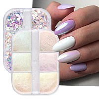 Gzmayuen White Pearl Nail Chrome Powder Metallic Mirror Effect Glitter Pigment Iridescent Chunky Glitter Flakes Nail Sequins De