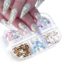 Gzmayuen White Pearl Nail Chrome Powder Metallic Mirror Effect Glitter Pigment Iridescent Chunky Glitter Flakes Nail Sequins De