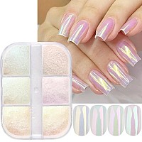 Gzmayuen White Pearl Nail Chrome Powder Metallic Mirror Effect Glitter Pigment Iridescent Chunky Glitter Flakes Nail Sequins De