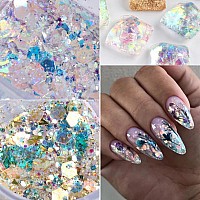 Gzmayuen White Pearl Nail Chrome Powder Metallic Mirror Effect Glitter Pigment Iridescent Chunky Glitter Flakes Nail Sequins De