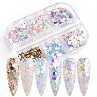 Gzmayuen White Pearl Nail Chrome Powder Metallic Mirror Effect Glitter Pigment Iridescent Chunky Glitter Flakes Nail Sequins De