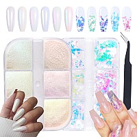 Gzmayuen 6 Colors Chrome Nail Powder Metallic Mirror Effect White Pearl Chrome Powder For Nail Art Mermaid Flake Nail Glitter S