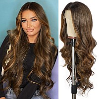 Sapphirewigs Long Brown Wavy Wig For Women 134 Highlight Brown Wig Invisible Knots Glueless Wig Synthetic Curly Wig For Daily