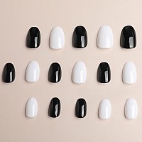 24 Pcs Round Press On Nails Short Sunjasmine Black And White Fake Nails Glue On Nails Glossy False Nails With Nail Glue Acryl