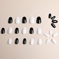 24 Pcs Round Press On Nails Short Sunjasmine Black And White Fake Nails Glue On Nails Glossy False Nails With Nail Glue Acryl