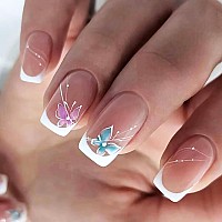 24 Pcs Square Press On Nails Medium Sunjasmine Summer Butterfly And French Fake Nails Glue On Nails Glossy False Nails With Na