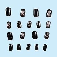 24 Pcs Square Press On Nails Medium Sunjasmine Summer Black Vine Fake Nails Glue On Nails Glossy False Nails With Nail Glue A