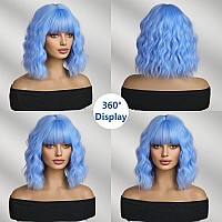 Blue Wigs For Women Short Curly Wavy Bob Wig With Bangs For Women Synthetic Colorful Wig Heat Resistant Fiber Hair Wigs For Cosp