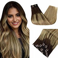 Full Shine Clip In Human Hair Extensions Ombre Remy Hair Extensions Double Weft Dark Brown To Ash Brown And Honey Blonde Clip In