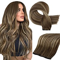 Full Shine Genius Weft Hair Extensions Human Hair Hand Tied Weft Extensions Soft Silky Hair Color Medium Brown To Honey Blonde M