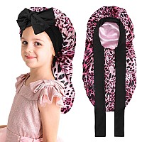 Kids Long Hair Bonnet For Sleeping Double Layer Girls Elastic Satin Bonnet With Tie Band For Braid Curly Hair Pink Leopardpi