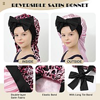 Kids Long Hair Bonnet For Sleeping Double Layer Girls Elastic Satin Bonnet With Tie Band For Braid Curly Hair Pink Leopardpi