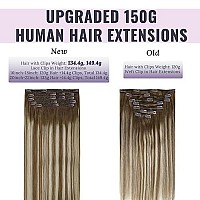 Fshine Balayage Clip In Human Hair Extensions 20 Inch 150G Remy Hair Extensions Clip In Chocolate Brown To Lightness Blonde And