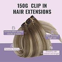 Fshine Balayage Clip In Human Hair Extensions 20 Inch 150G Remy Hair Extensions Clip In Chocolate Brown To Lightness Blonde And