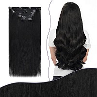 Fshine Clip In Hair Extensions Human Hair For Women 16 Inch Jet Black Hair Extensions Clip In Silky Straight Hair 7Pcs 135G Blac