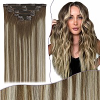 Fshine Clip In Hair Extensions 18 Inch 135G Brown Balayage Hair Clip In Chestnut Brown To Platinum Blonde And Brown Hair Extensi