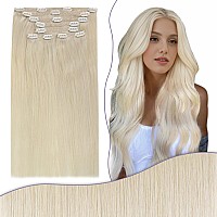 Fshine Clip In Hair Extensions Human Hair 135G 16 Inch Platinum Blonde Clip In Hair Extensions 7Pcs Color 60 Clip In Real Human