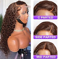 Qnqz 28 Inch Brown Curly Human Hair Wigs 13X4 Transparent Lace Front Wig Human Hair 180 Density Brown Lace Front Wig Human Hair