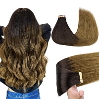 Goo Goo Tape In Hair Extensions Human Hair 1D2C4E Chocolate Dip Color Melt 14Inch 50G 20Pcs Thick Ends Straight Seamless Ta